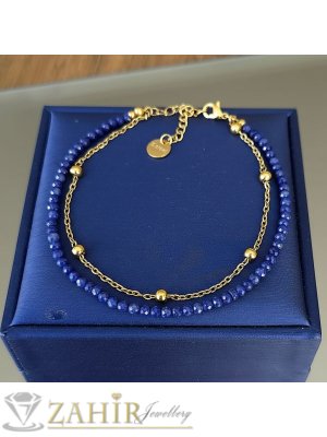 Изящна двойна гривна за ръка или глезен от естествен тъмносин ахат 3 мм и стоманена верижка с топчета, стоманени накрайници - GA3213